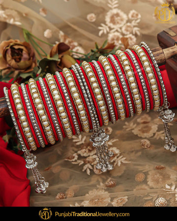 Antique Gold Red Pearl Bangles Set For Both Hands | Pipal Diya Peengan by Punjabi Traditional Jewellery Exclusive